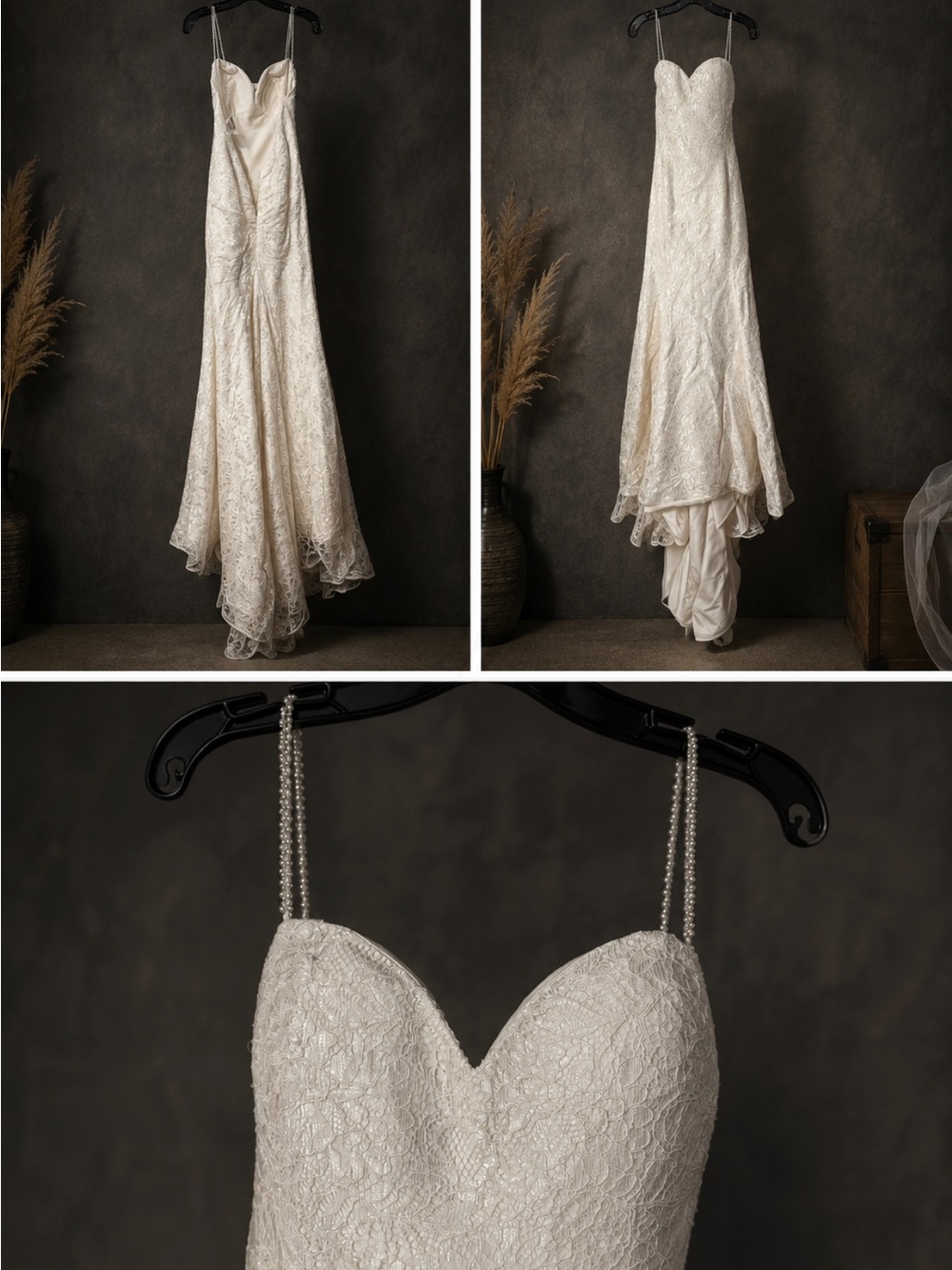 Mikaella Bridal Ivory Lace Sweetheart Gown with Pearl Straps